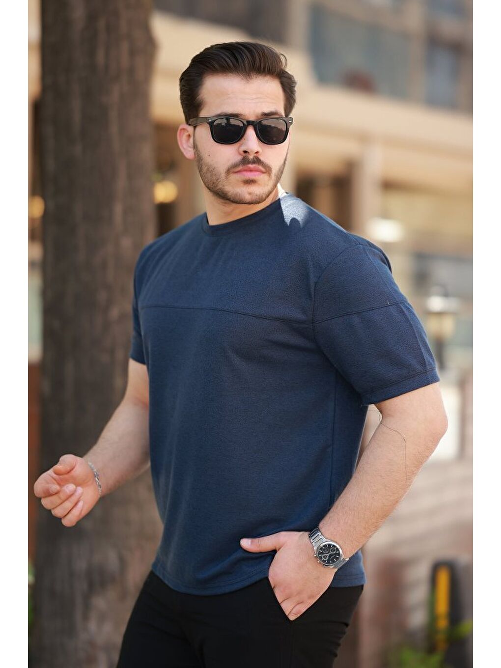 Lacivert Erkek Oversize Bisiklet Yaka Kısa Kollu T-shirt-1