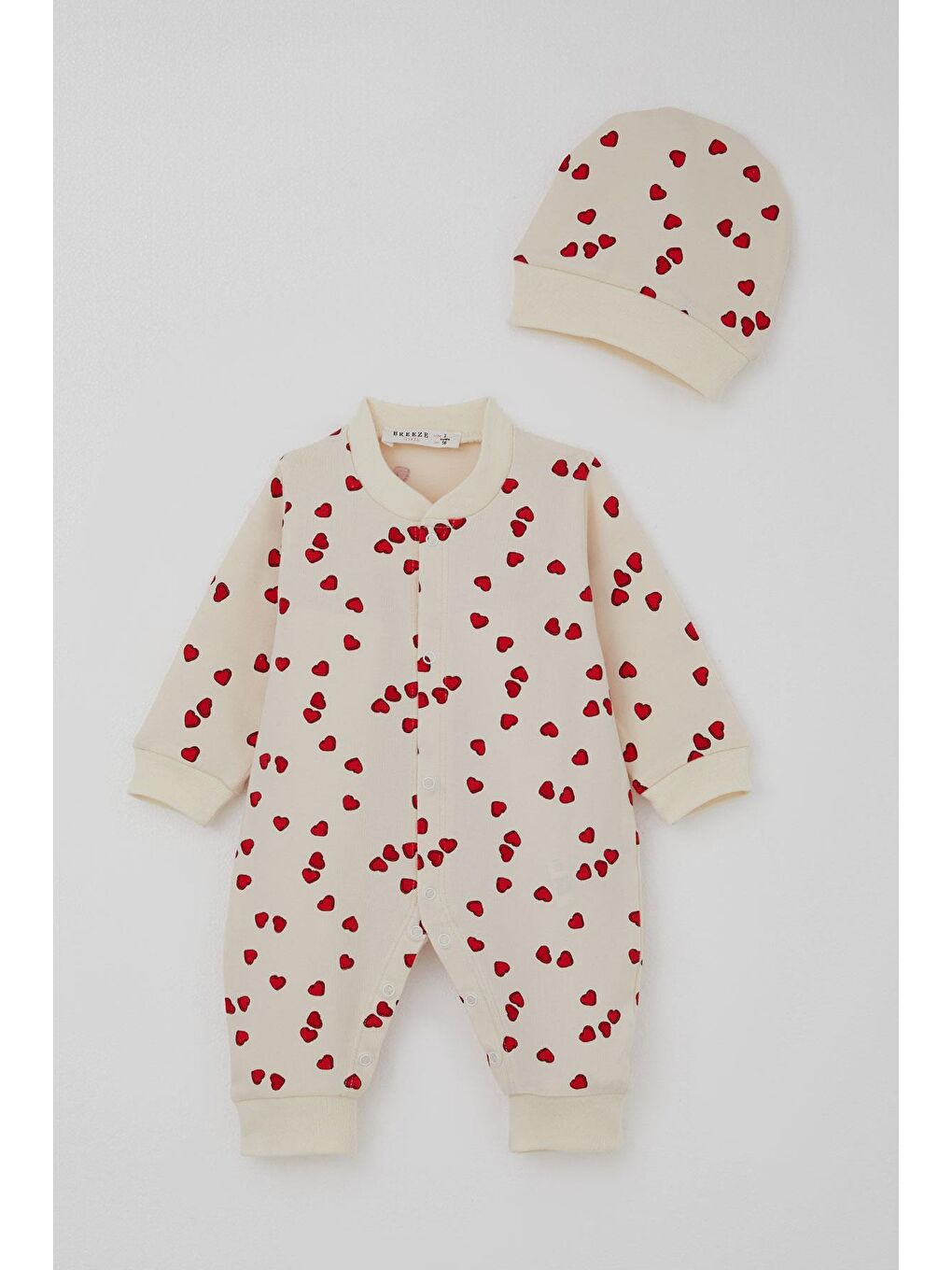 Ekru Kız Bebek Tulum Sevgi Temalı Kalp Desenli Krem (0-6 Ay)-1
