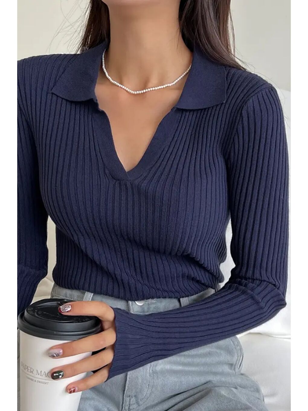 Lacivert Kadın Fitilli Polo Yaka Triko Kazak-2