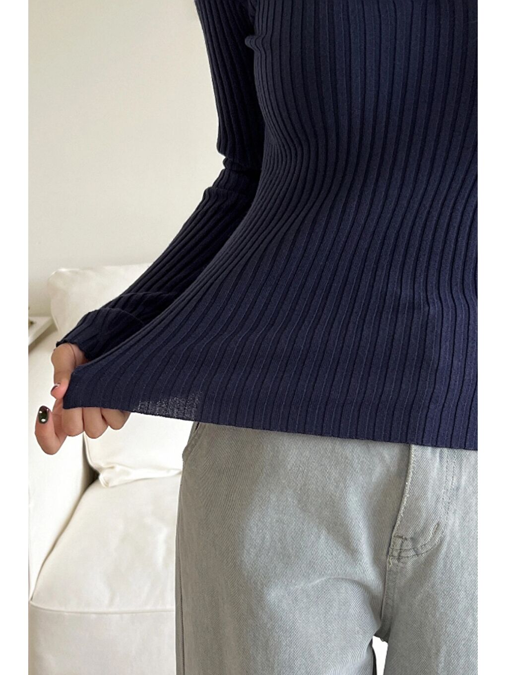 Lacivert Kadın Fitilli Polo Yaka Triko Kazak-3