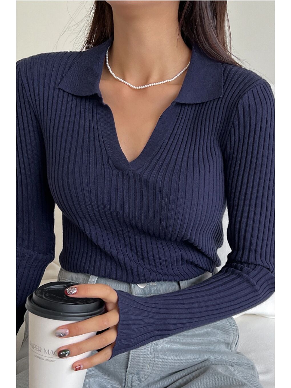 Lacivert Kadın Fitilli Polo Yaka Triko Kazak-4