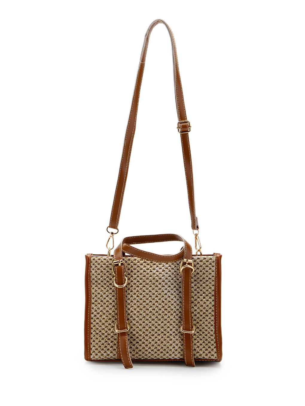 Kahverengi Kemer Detaylı Hasır Kadın Çapraz Çanta Dimitri Taba- Vizon-1