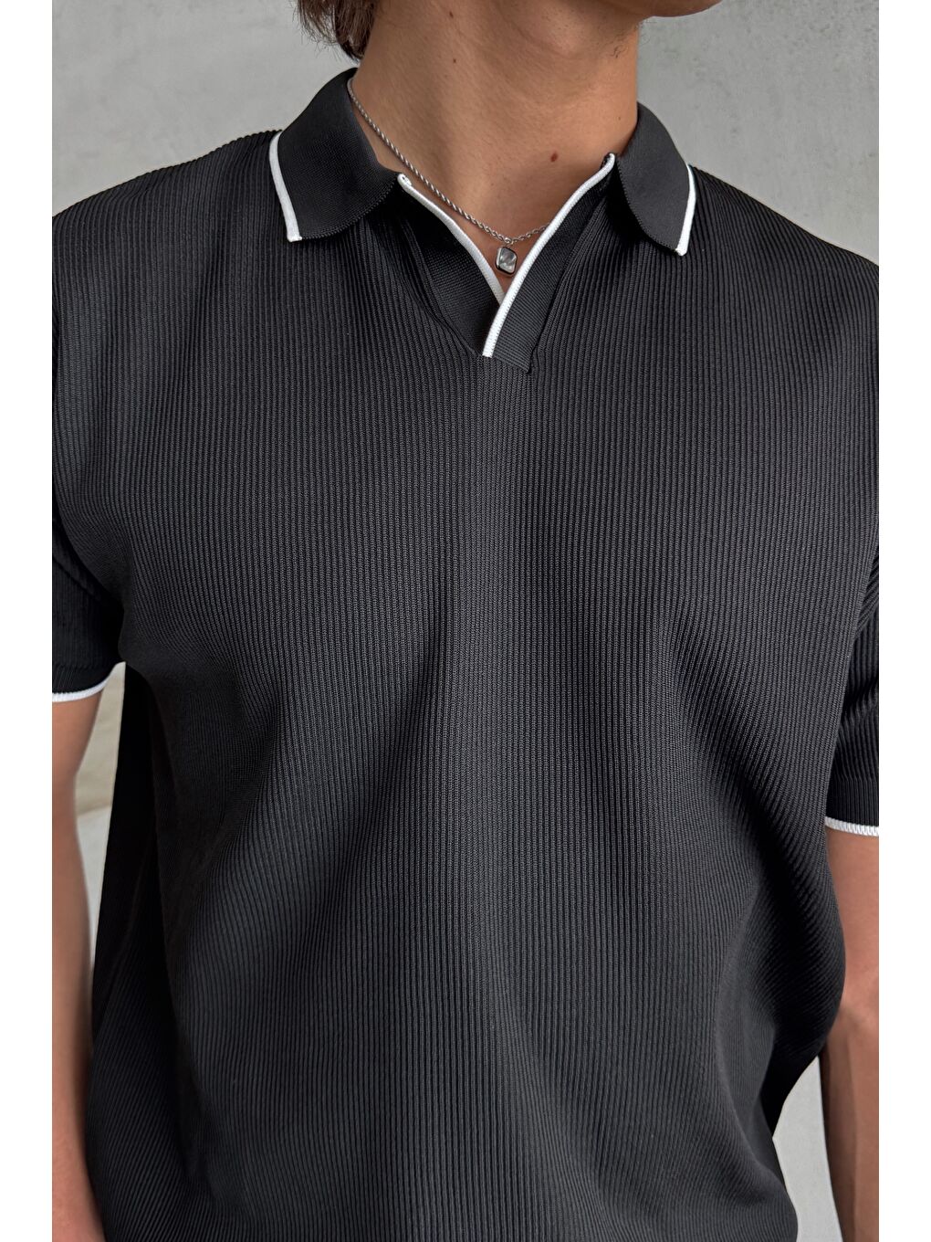 Siyah Erkek Oversize Selanik Polo Yaka Triko T-Shirt-1