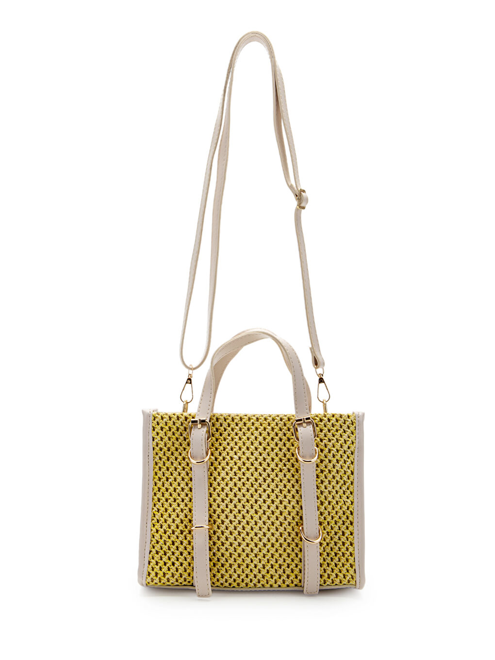 Bej Kemer Detaylı Hasır Kadın Çapraz Çanta Dimitri Krem-Sarı-1