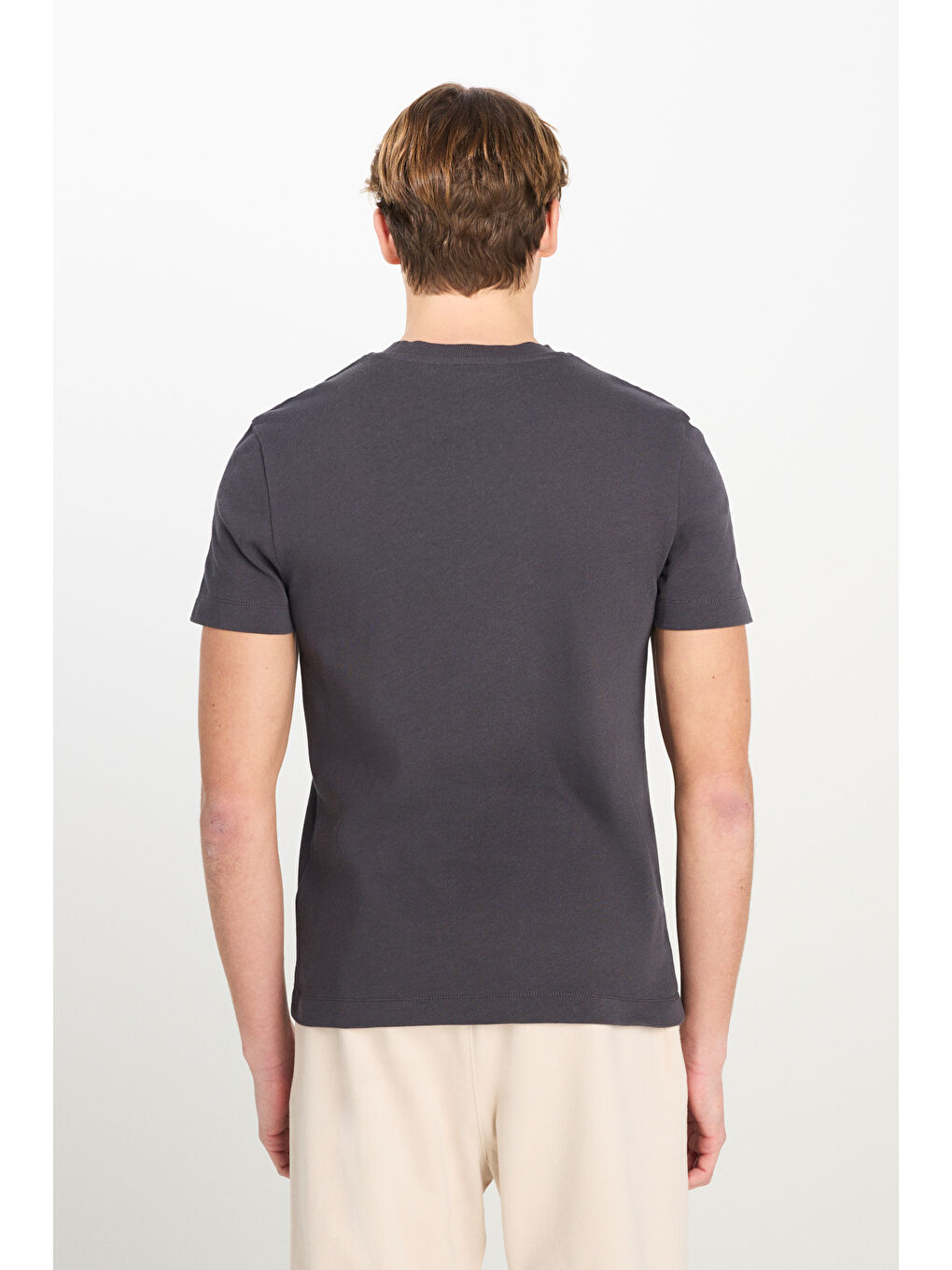 %100 Pamuk Relaxed Fit Geniş Ksim Bisiklet Yaka Antrasit Basic Tişört-4