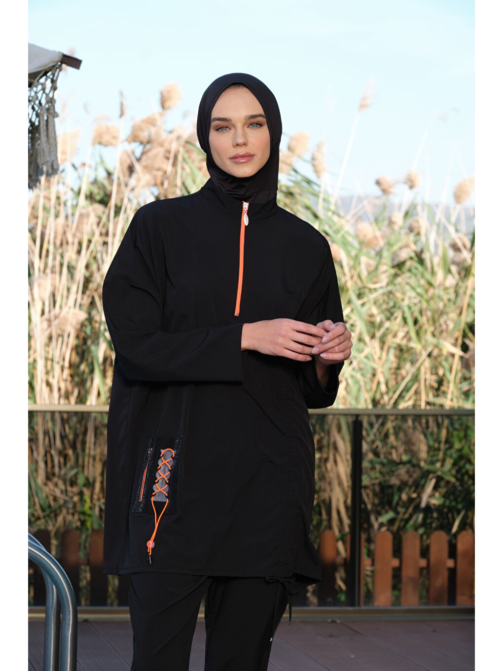 Siyah Kadın Fermuarlı Cepli Kapalı Dik Yaka Hızlı Kuruyan Tesettür Mayo-2