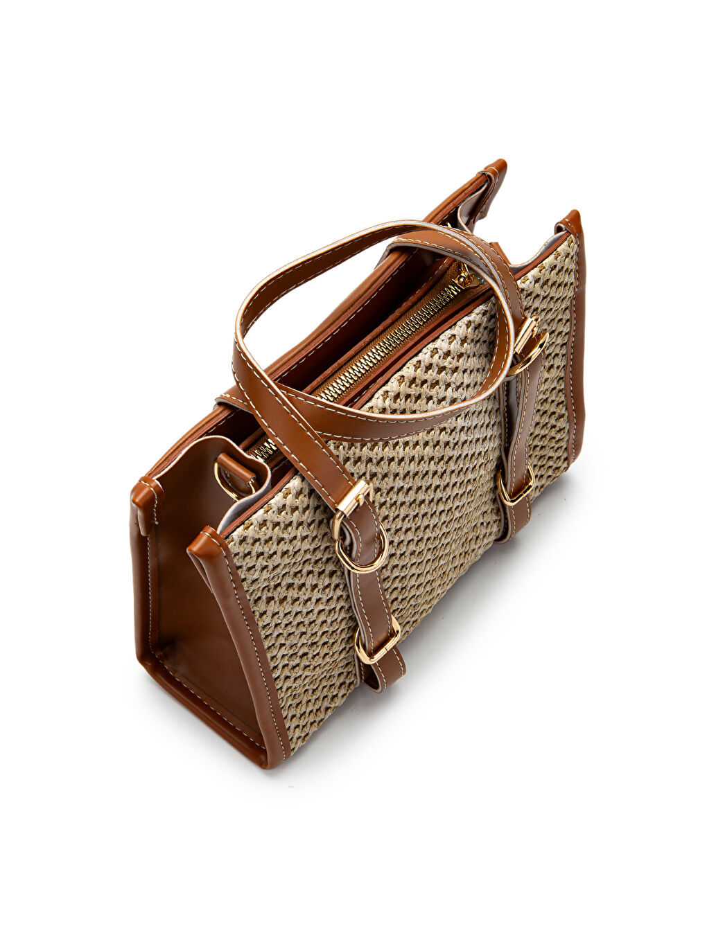 Kahverengi Kemer Detaylı Hasır Kadın Çapraz Çanta Dimitri Taba- Vizon-2