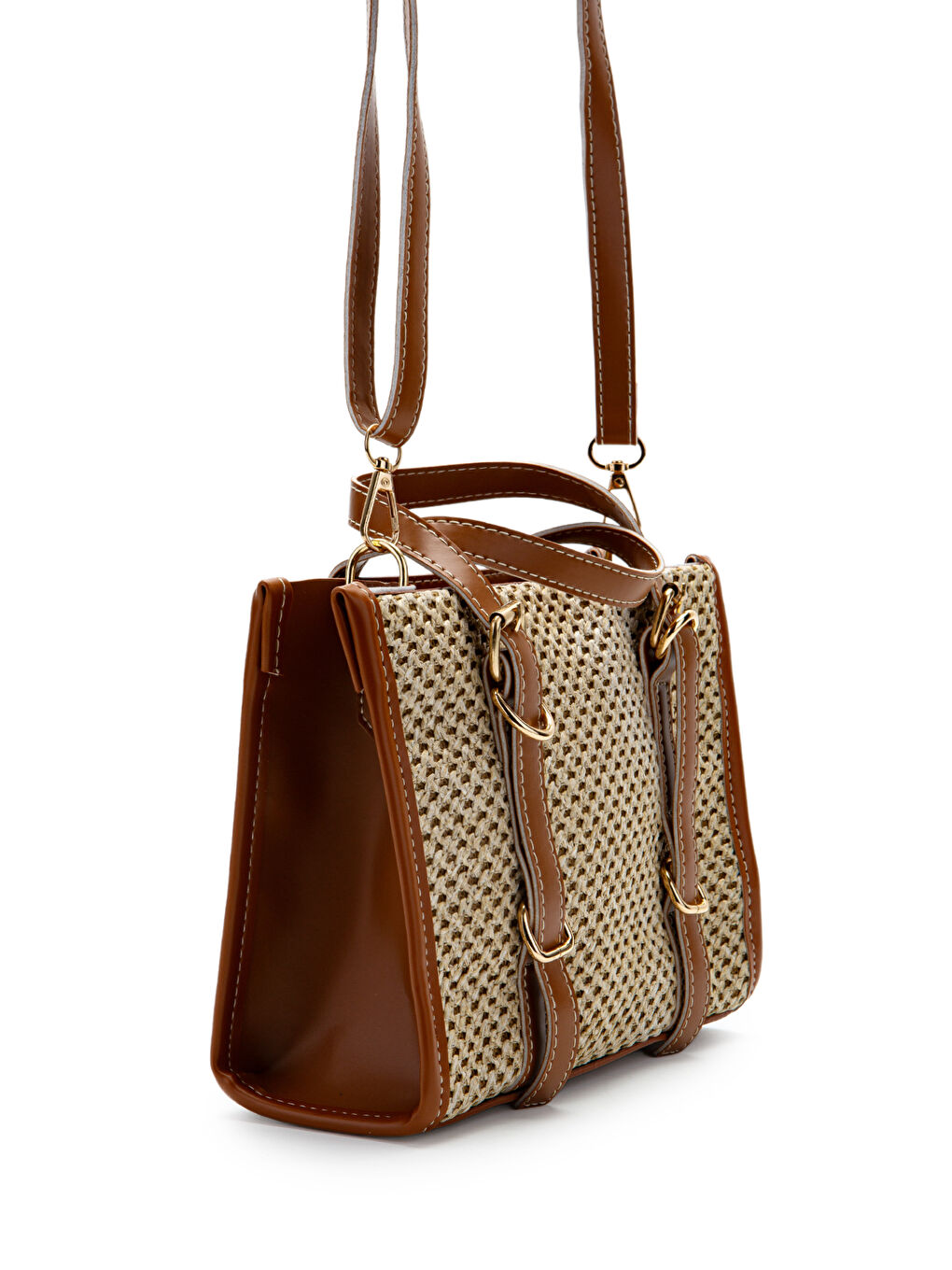 Kahverengi Kemer Detaylı Hasır Kadın Çapraz Çanta Dimitri Taba- Vizon-3