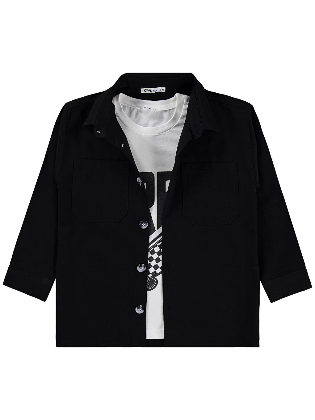 Boys Çift Cepli Tişörtlü 10-13 Yaş Gömlek - Siyah