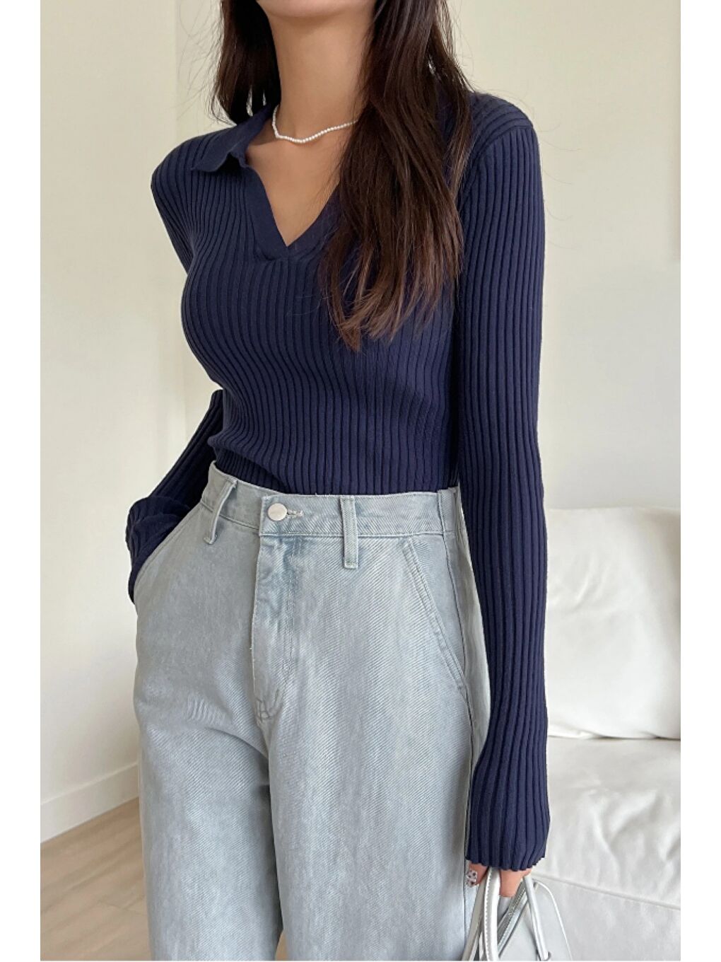 Lacivert Kadın Fitilli Polo Yaka Triko Kazak-6