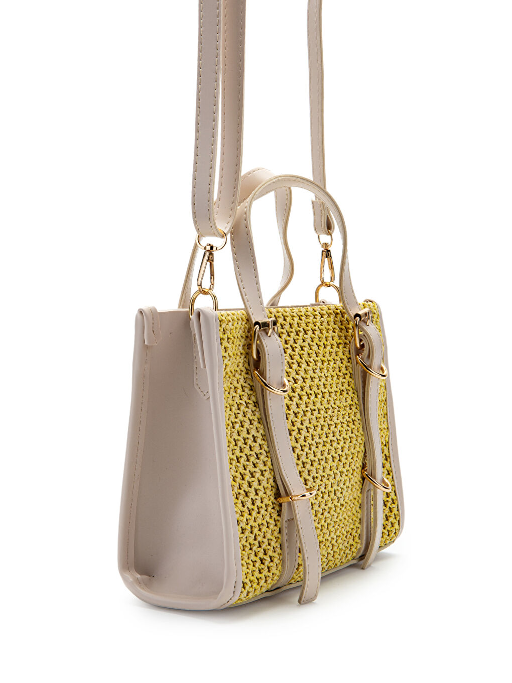 Bej Kemer Detaylı Hasır Kadın Çapraz Çanta Dimitri Krem-Sarı-3