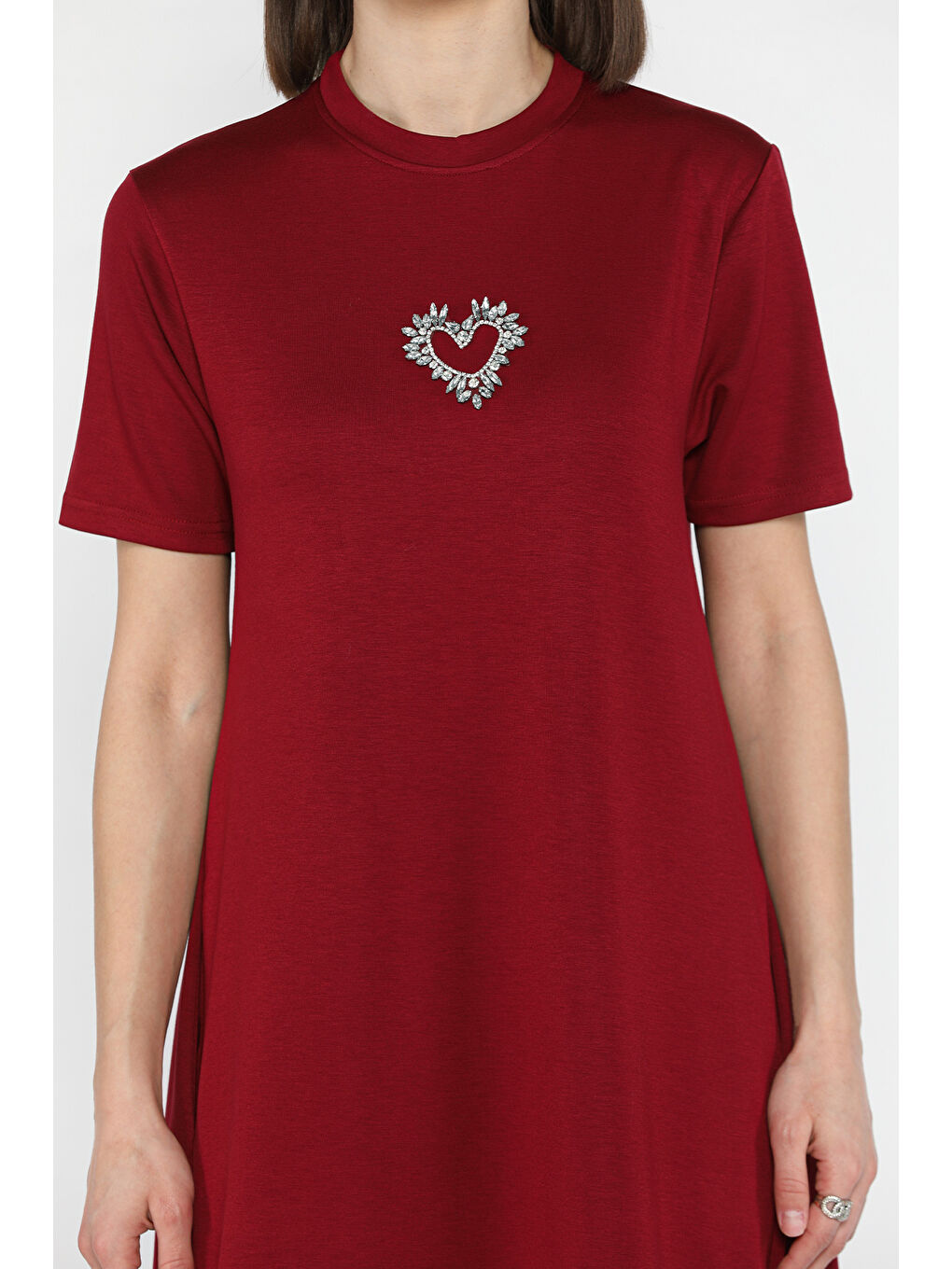 Bordo Bisiklet Yaka Taş Detaylı Cepli Kadın Kısa Kol Elbise-3