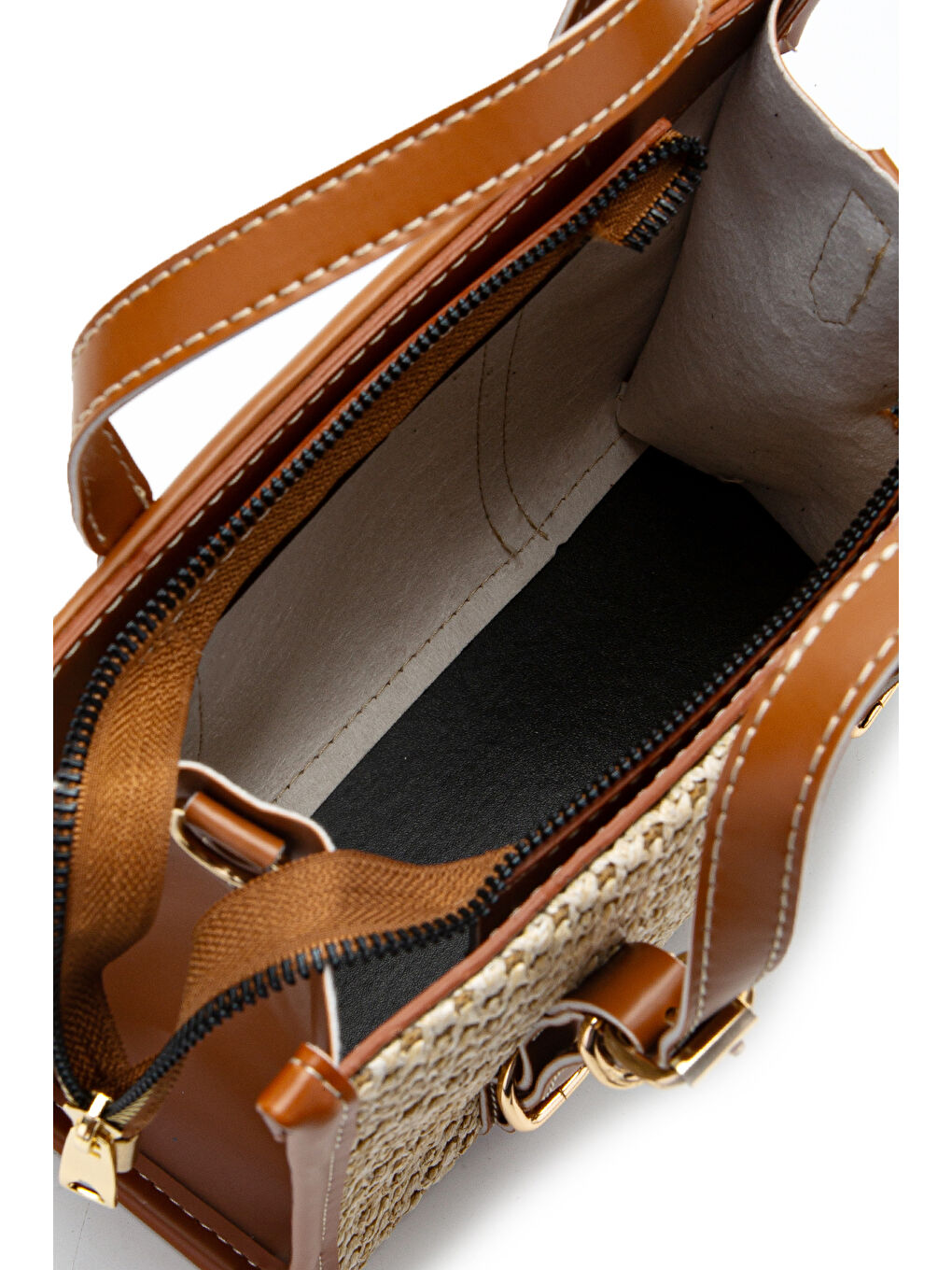 Kahverengi Kemer Detaylı Hasır Kadın Çapraz Çanta Dimitri Taba- Vizon-5