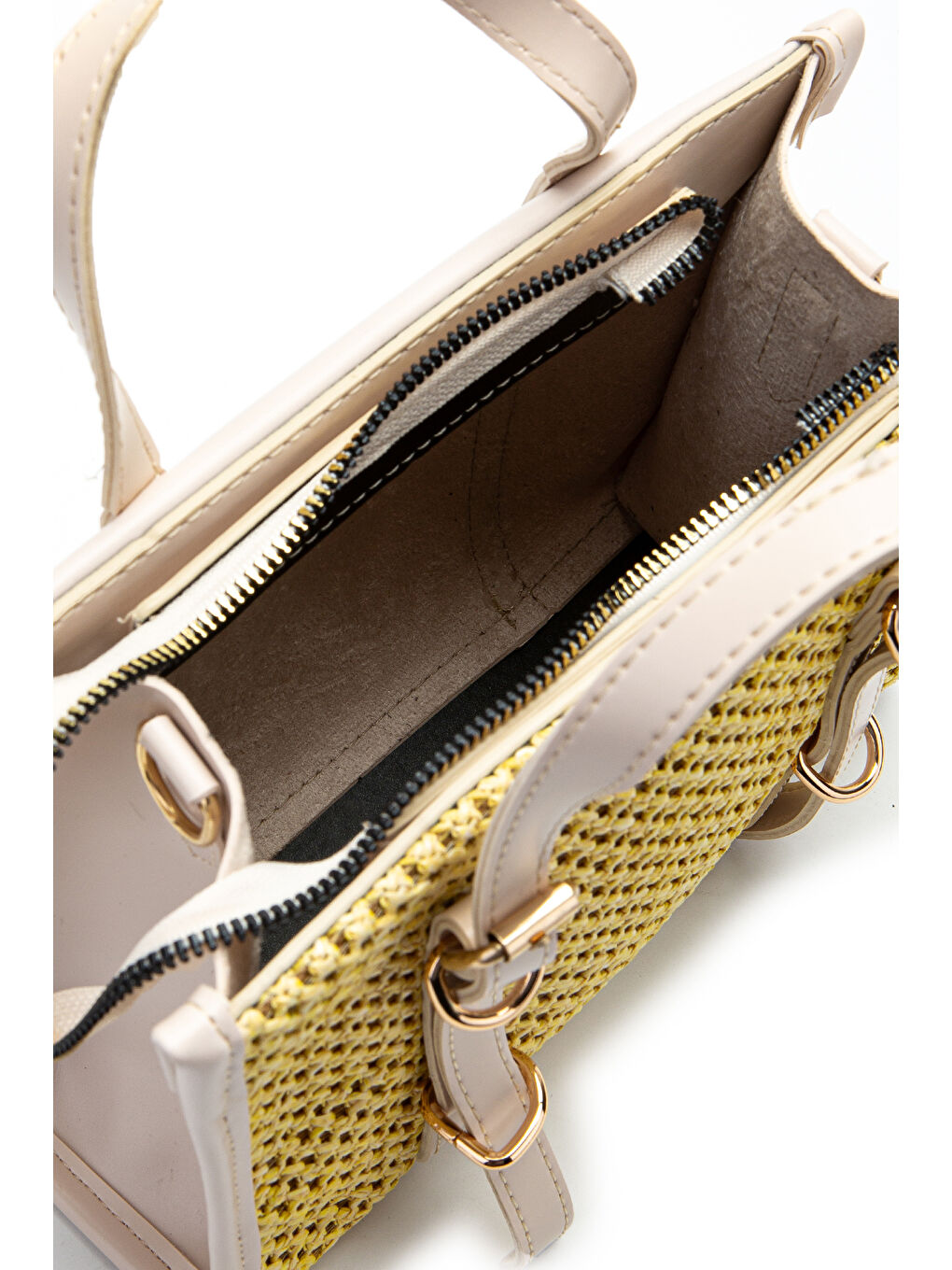 Bej Kemer Detaylı Hasır Kadın Çapraz Çanta Dimitri Krem-Sarı-5