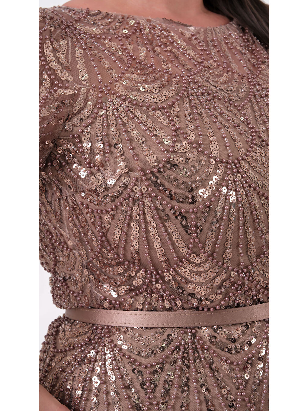 Sarı Kadın Gold Boncuklu Midi Abiye Elbise-3