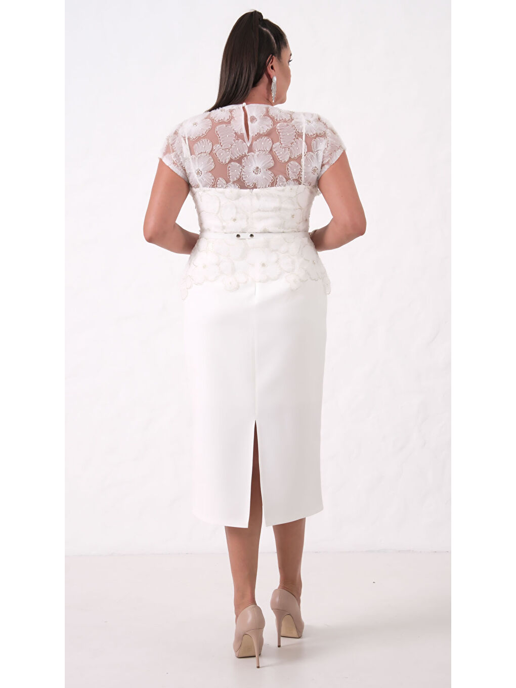Kadın Beyaz Dantelli Midi Abiye Elbise-4