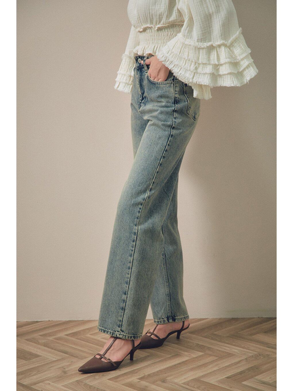 Fullamoda Mavi Eskitme Görünümlü Wide Leg Jean - 3