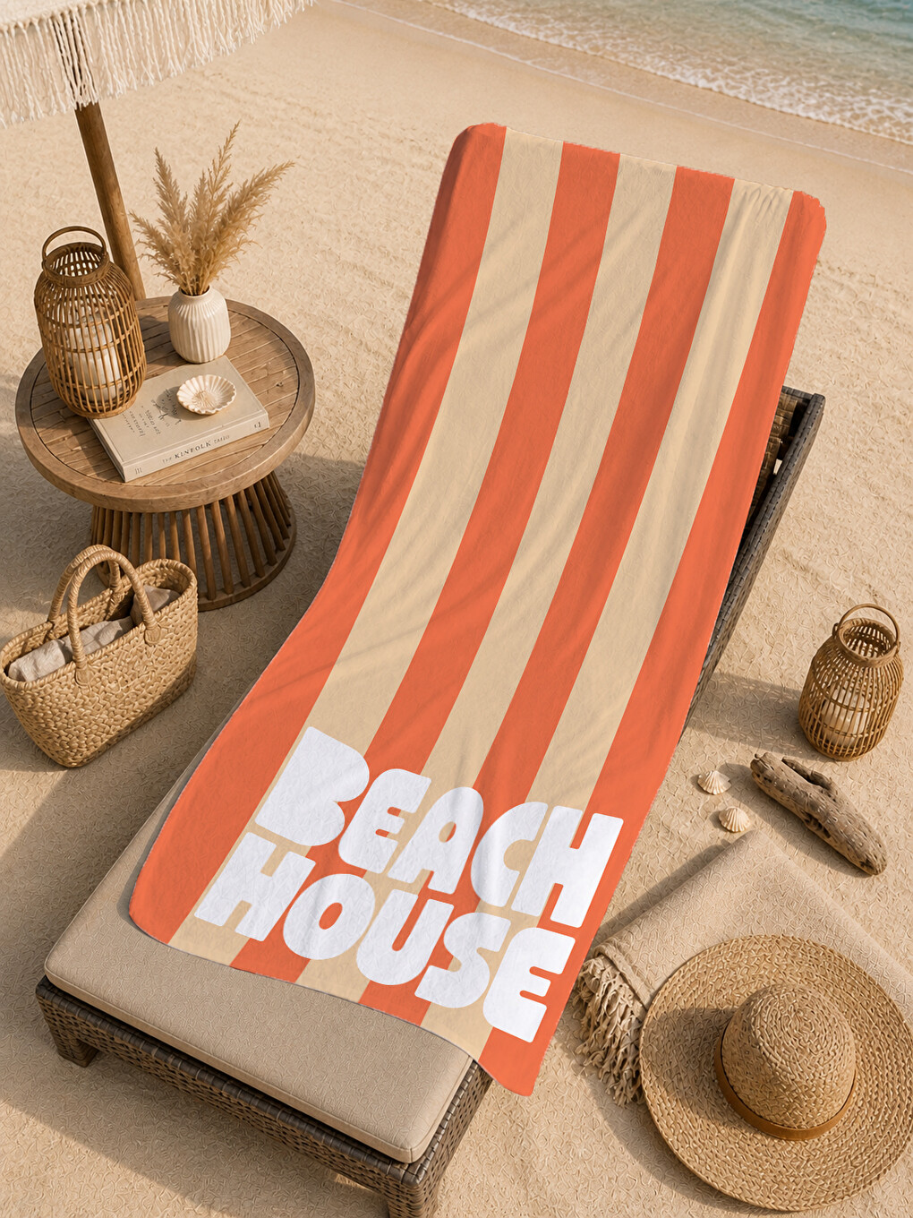 Retro Beach House Yazılı Turuncu Çizgili Desenli 70x150 Plaj Havlusu - Dijital Baskılı Banyo Havlusu-3