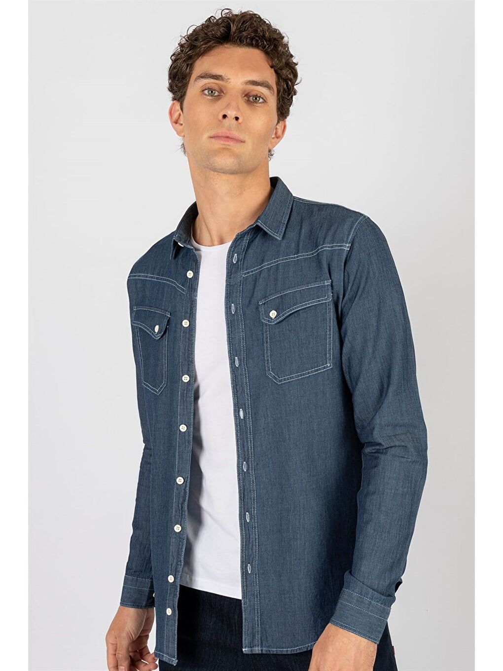 Slim Fit Uzun Kollu Dar Kesim Çift Cep Denim Jean Erkek Mavi Gömlek
