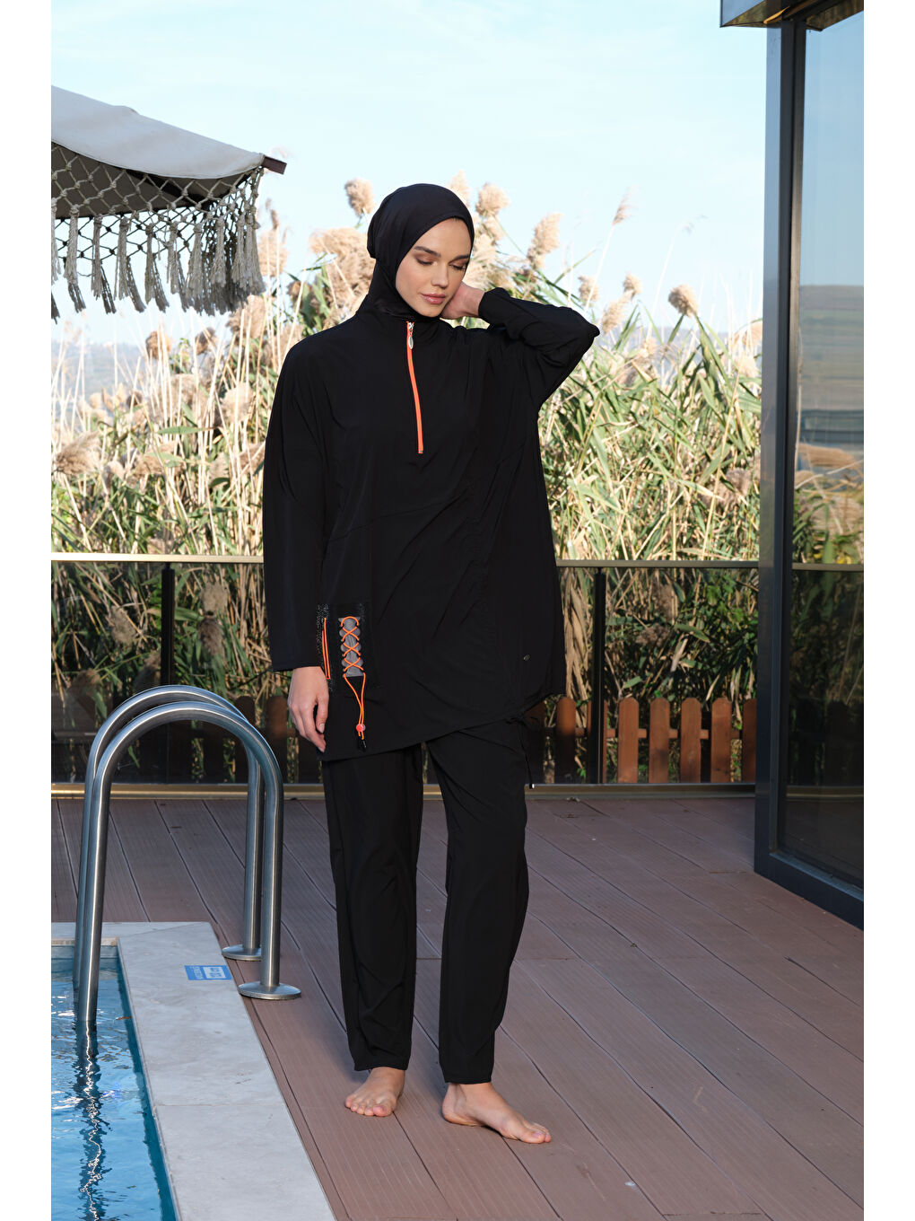 Siyah Kadın Fermuarlı Cepli Kapalı Dik Yaka Hızlı Kuruyan Tesettür Mayo-3