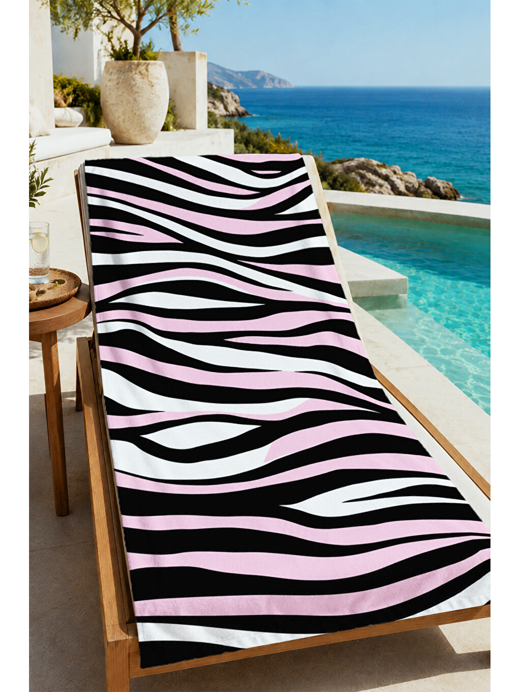 Pop Art Pembe Siyah Zebra Çizgili Desenli 70x150 Plaj Havlusu - Dijital Baskılı Banyo Havlusu
