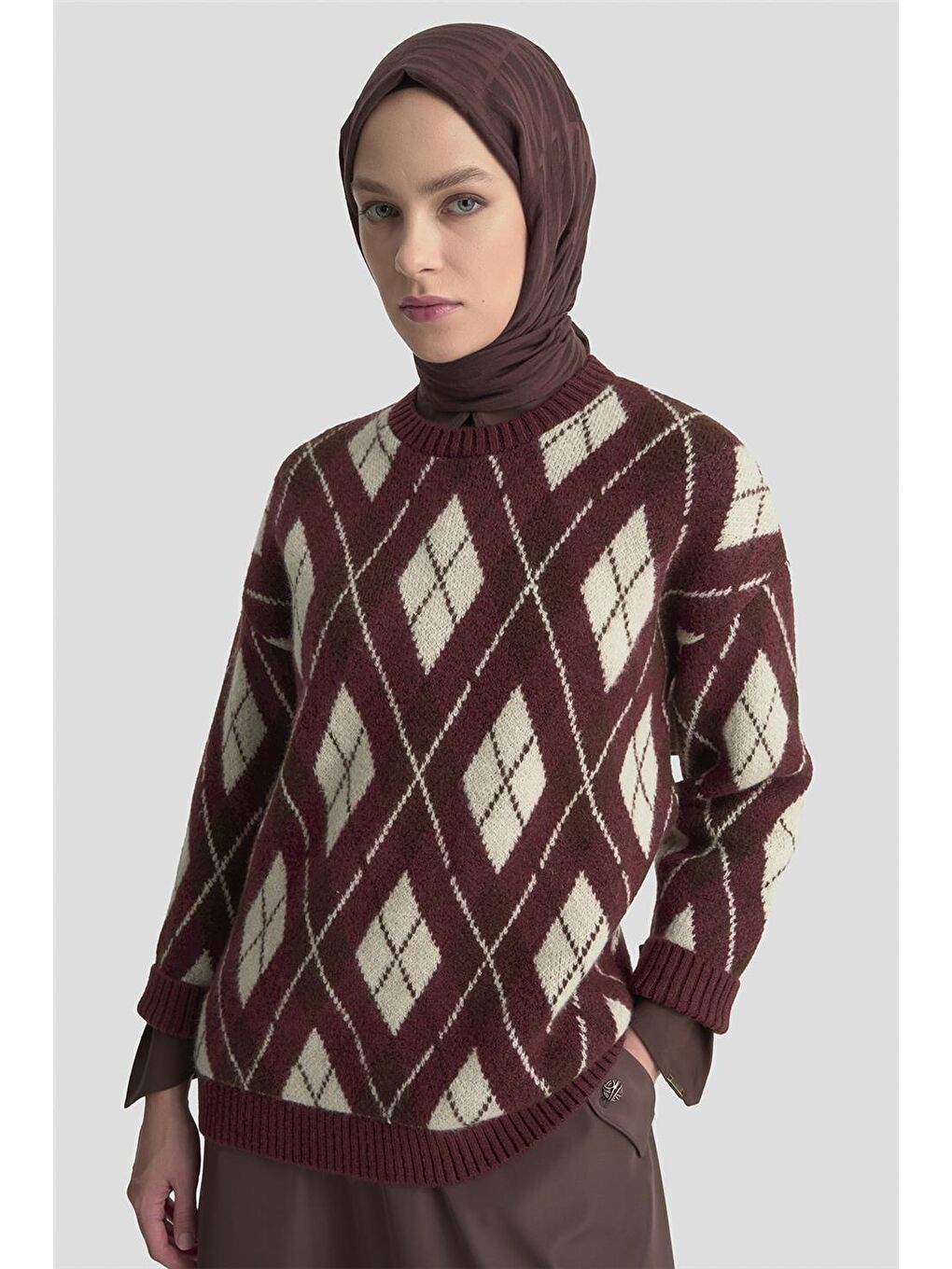 Baklava Desenli Kazak 25Kd6004 Bordo