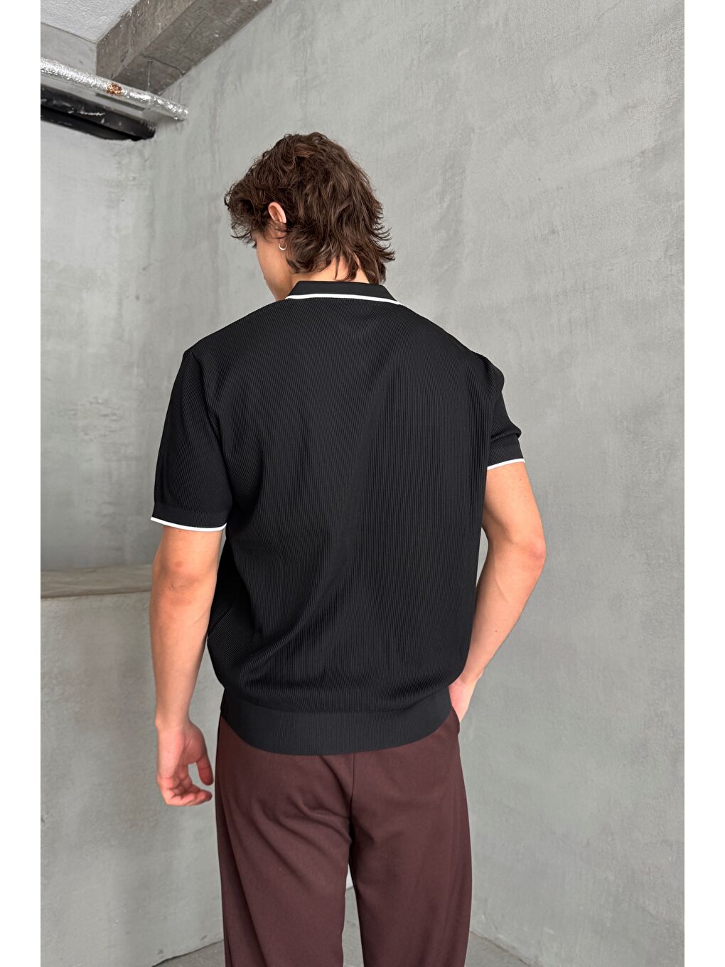 Siyah Erkek Oversize Selanik Polo Yaka Triko T-Shirt-3