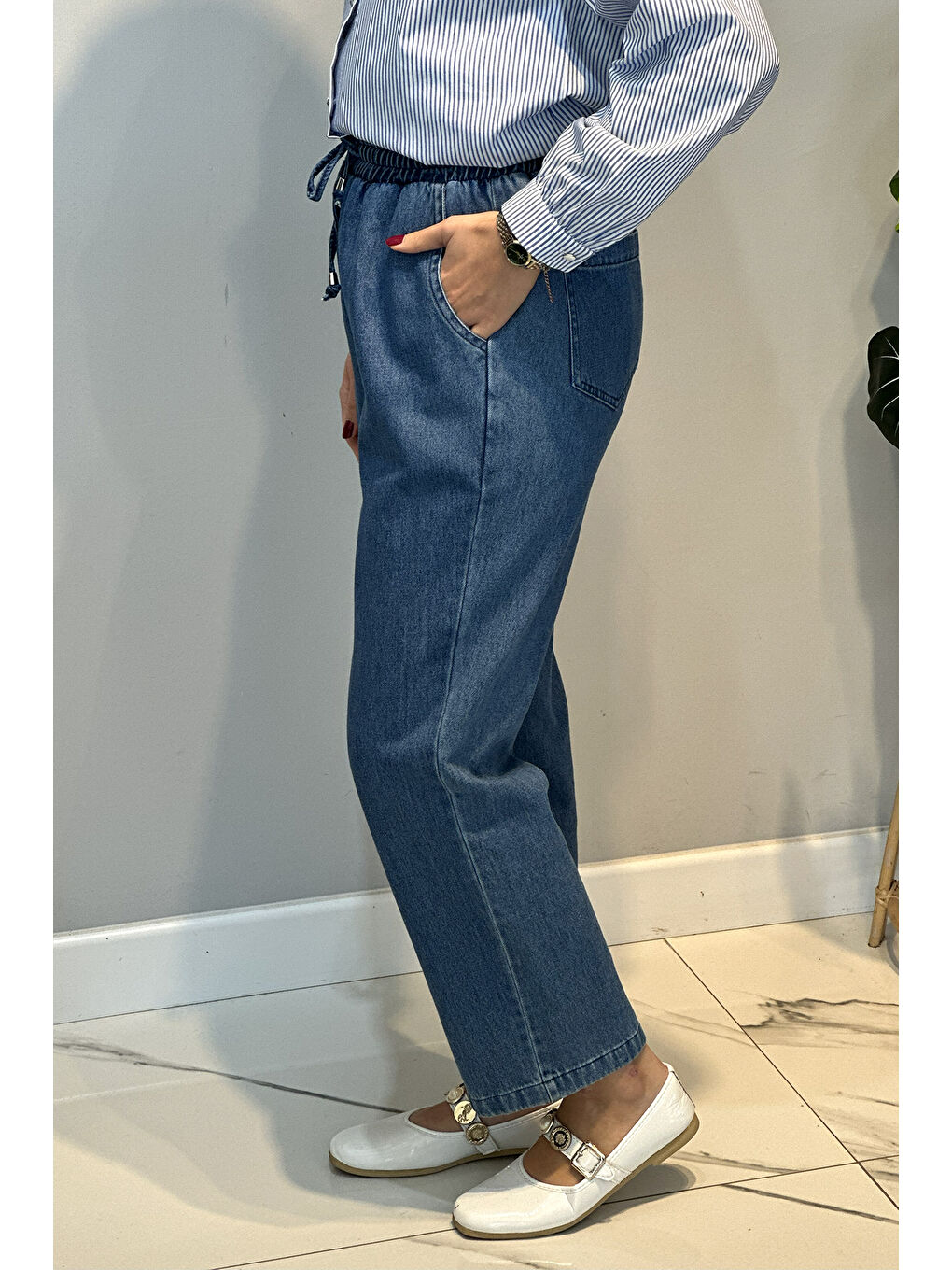 Kadın Beli Lastikli Jean Pantolon 16182 Mavi-1