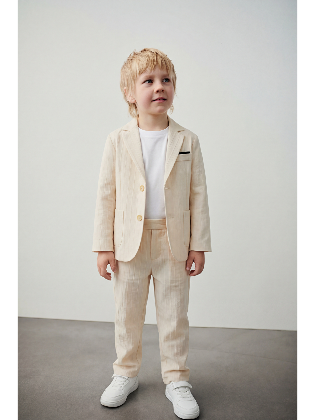 Erkek Çocuk Ekru Çizgili Blazer Ceket Pantolon Ve T Shirt Takım