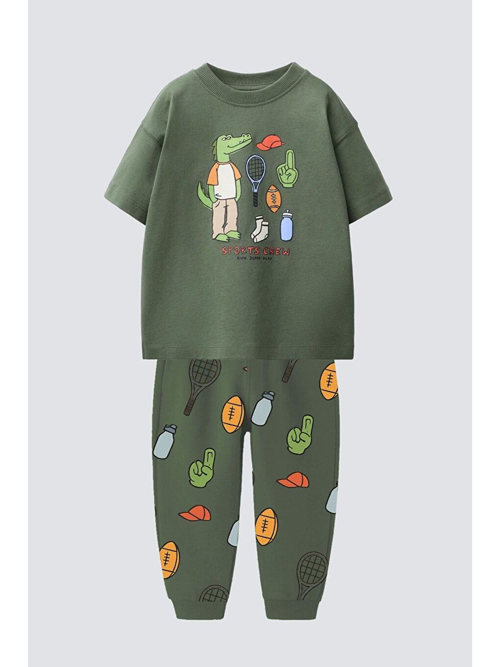 Erkek Çocuk Pamuklu Yeşil Timsah Baskılı T-Shirt Ve Baskılı Eşofman Altı 2'Li Takım-1