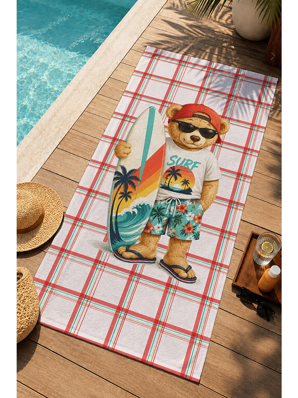 Sörfçü Ayıcık Kırmızı Ekose Desenli 70x150 Plaj Havlusu - Dijital Baskılı Solmaz Banyo Havlusu-3