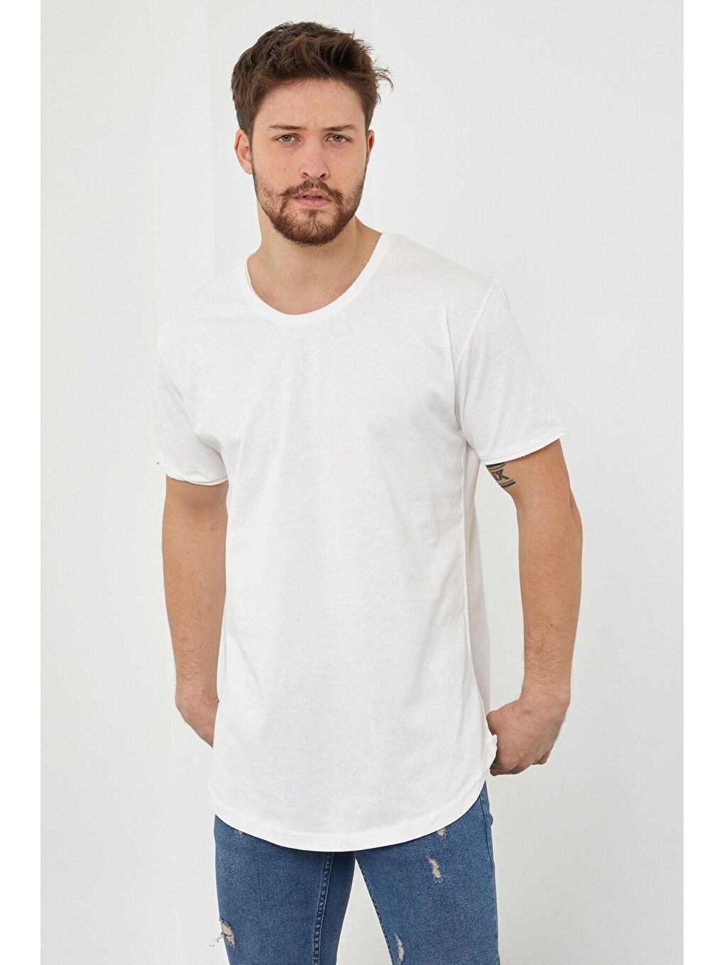 Erkek Kırık Beyaz Pis Yaka Salaş %100 Pamuk Tişört-2