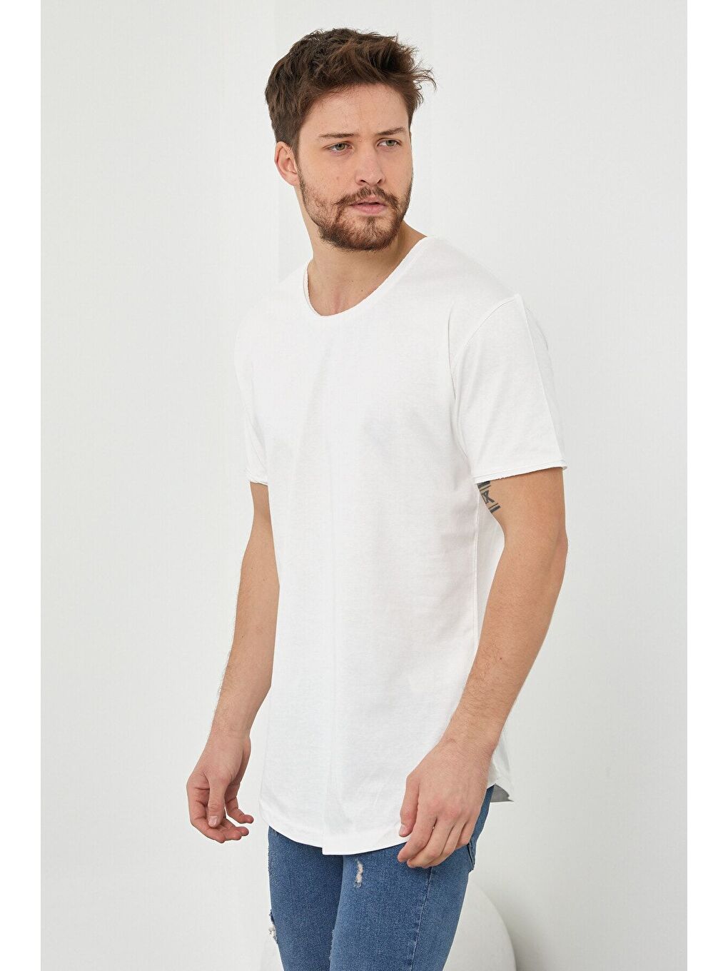 Erkek Kırık Beyaz Pis Yaka Salaş %100 Pamuk Tişört-3