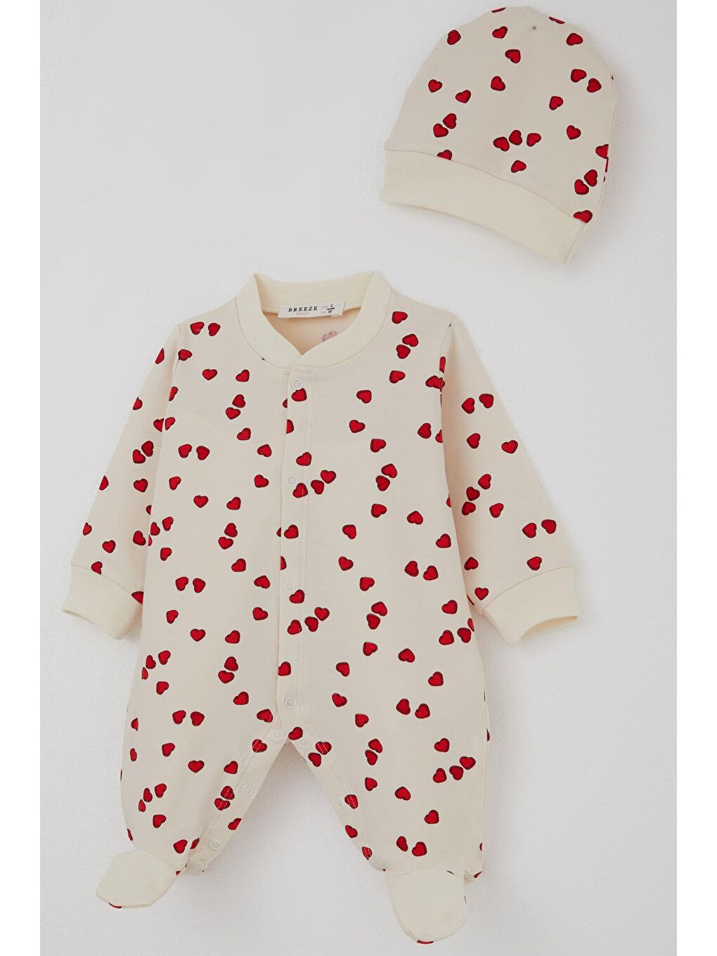 Ekru Kız Bebek Patikli Tulum Sevgi Temalı Kalp Desenli Krem (0-6 Ay)-2