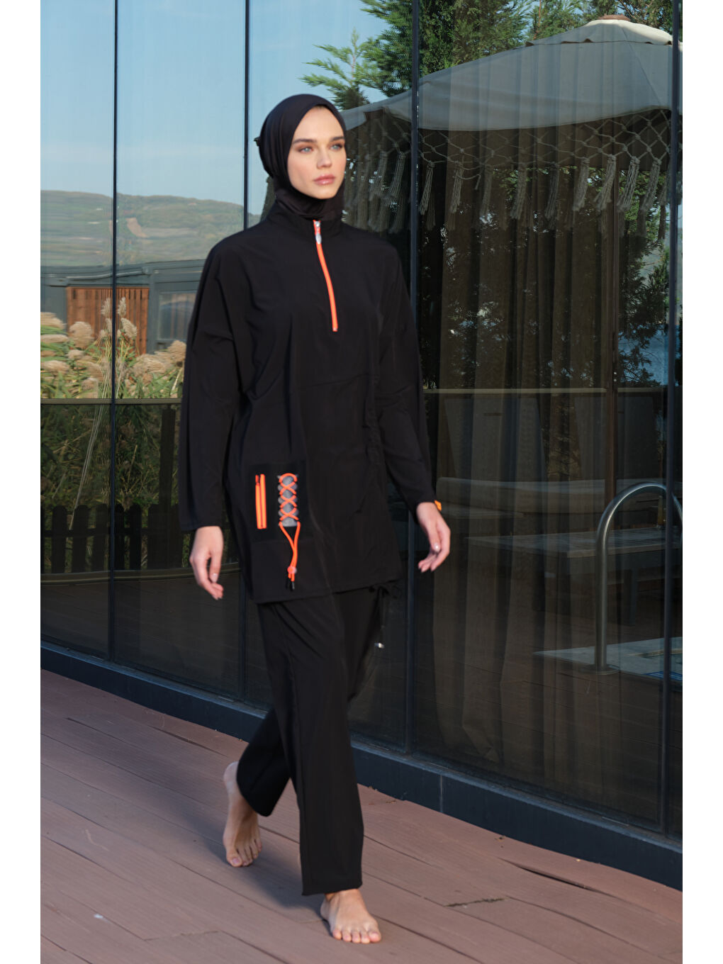 Siyah Kadın Fermuarlı Cepli Kapalı Dik Yaka Hızlı Kuruyan Tesettür Mayo-4