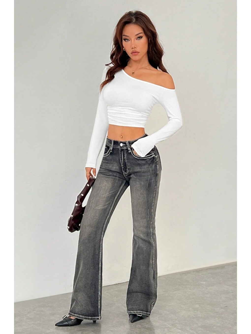 Kadın Asimetrik Yaka Uzun Kollu Crop T-Shirt Beyaz-2