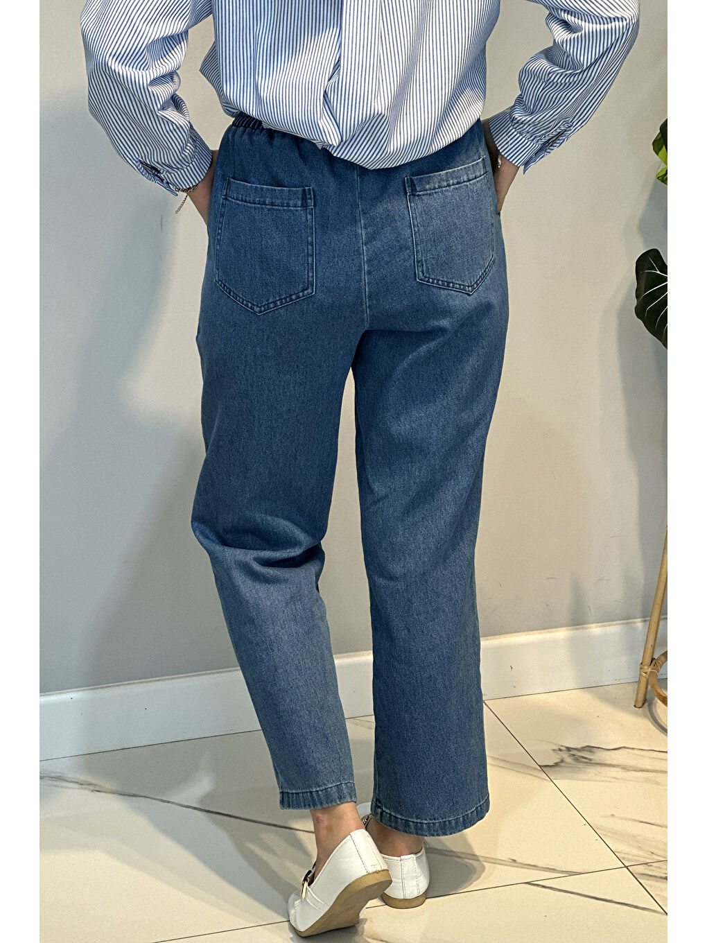 Kadın Beli Lastikli Jean Pantolon 16182 Mavi-2