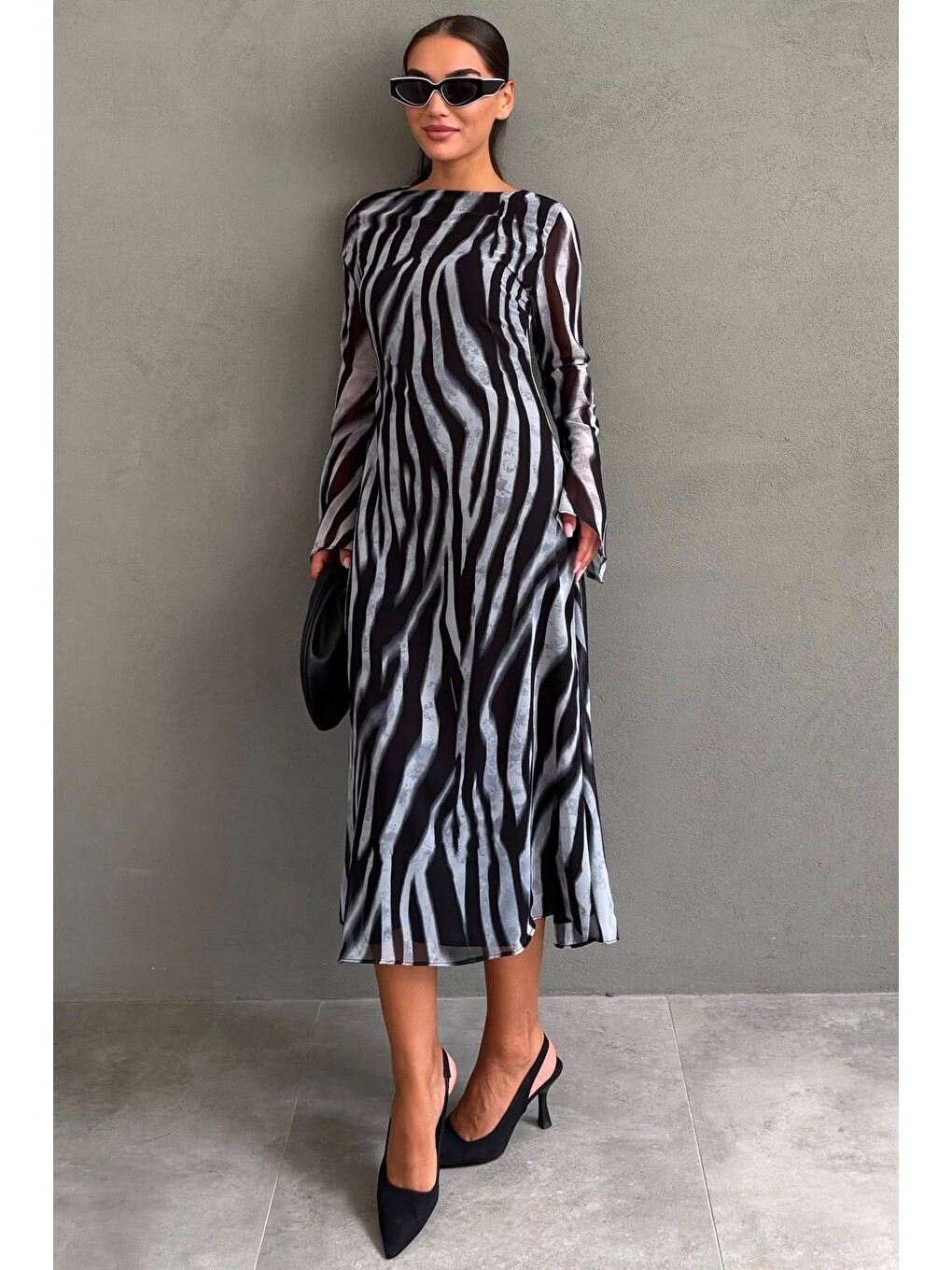 Gri Zebra Desenli Şifon Midi Elbise Mg2854-1