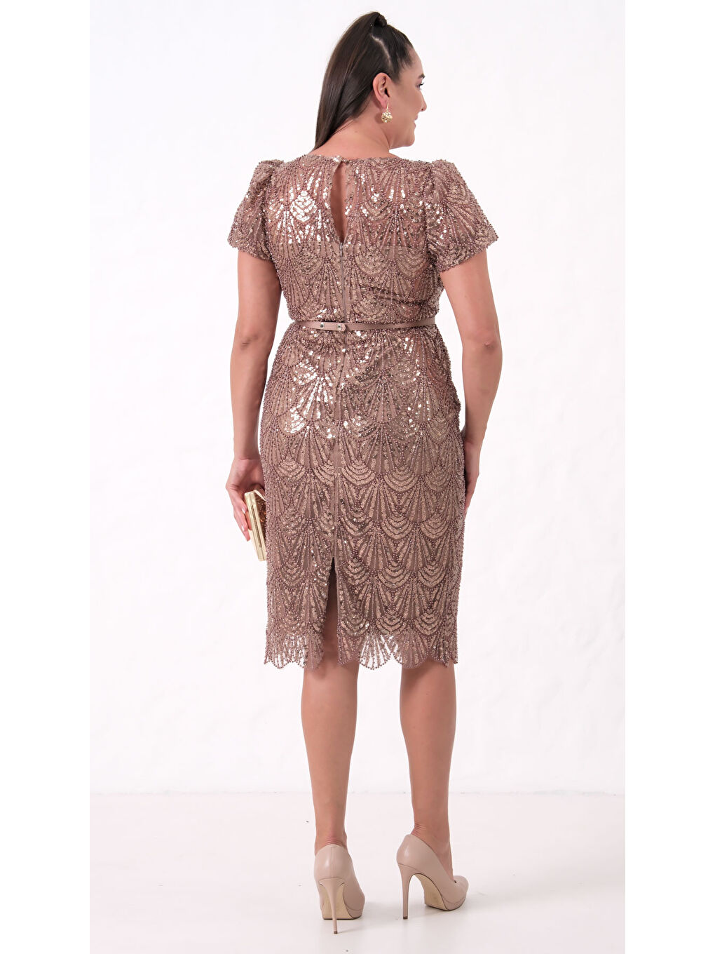 Sarı Kadın Gold Boncuklu Midi Abiye Elbise-4