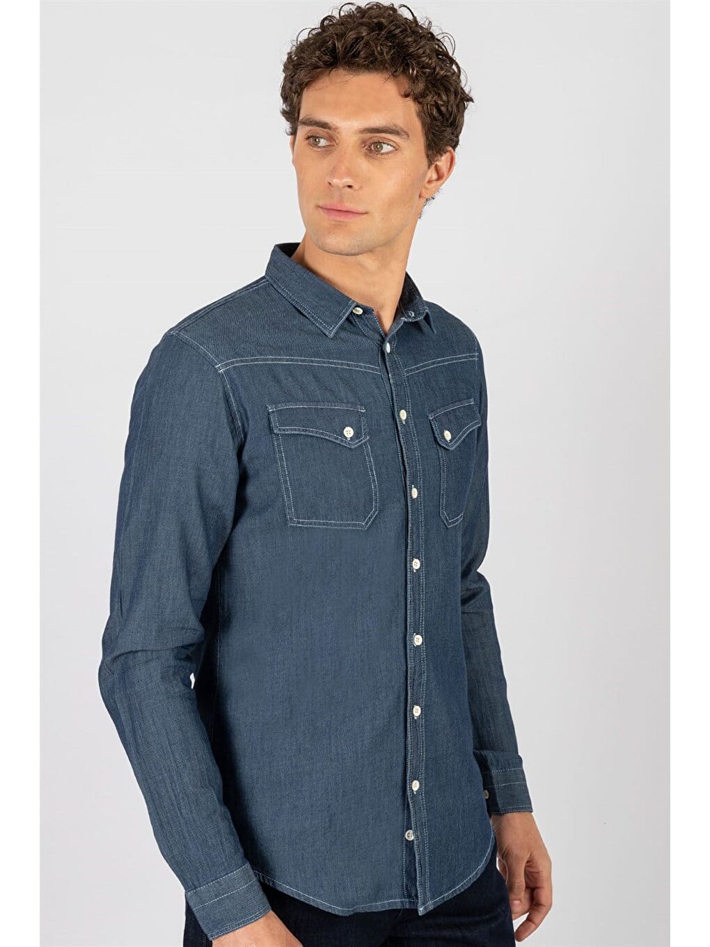Slim Fit Uzun Kollu Dar Kesim Çift Cep Denim Jean Erkek Mavi Gömlek-1