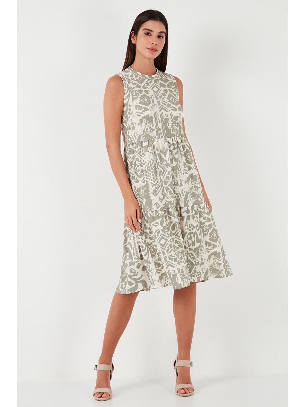 Yeşil Desenli Regular Fit Kolsuz Elbise 5865731-2