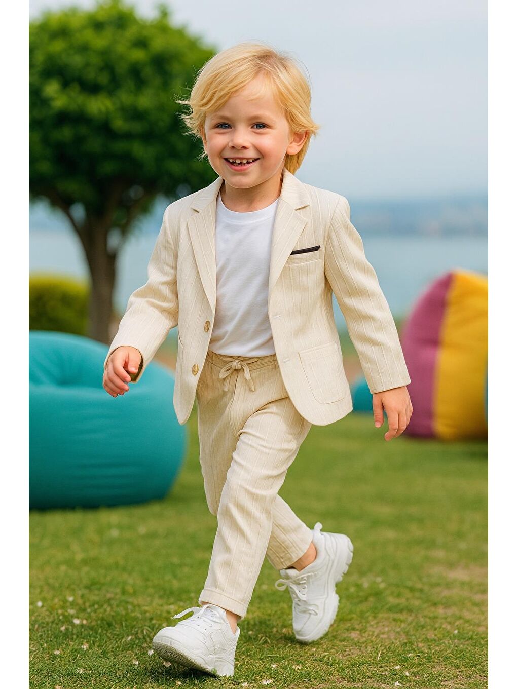 Erkek Çocuk Ekru Çizgili Blazer Ceket Pantolon Ve T Shirt Takım-1