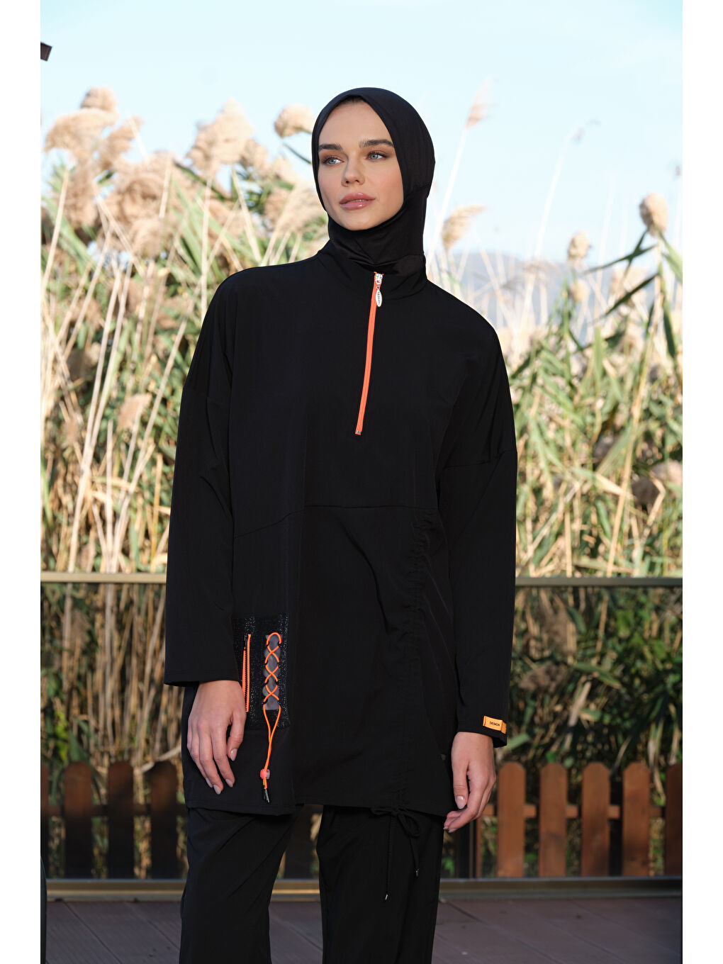 Siyah Kadın Fermuarlı Cepli Kapalı Dik Yaka Hızlı Kuruyan Tesettür Mayo-5