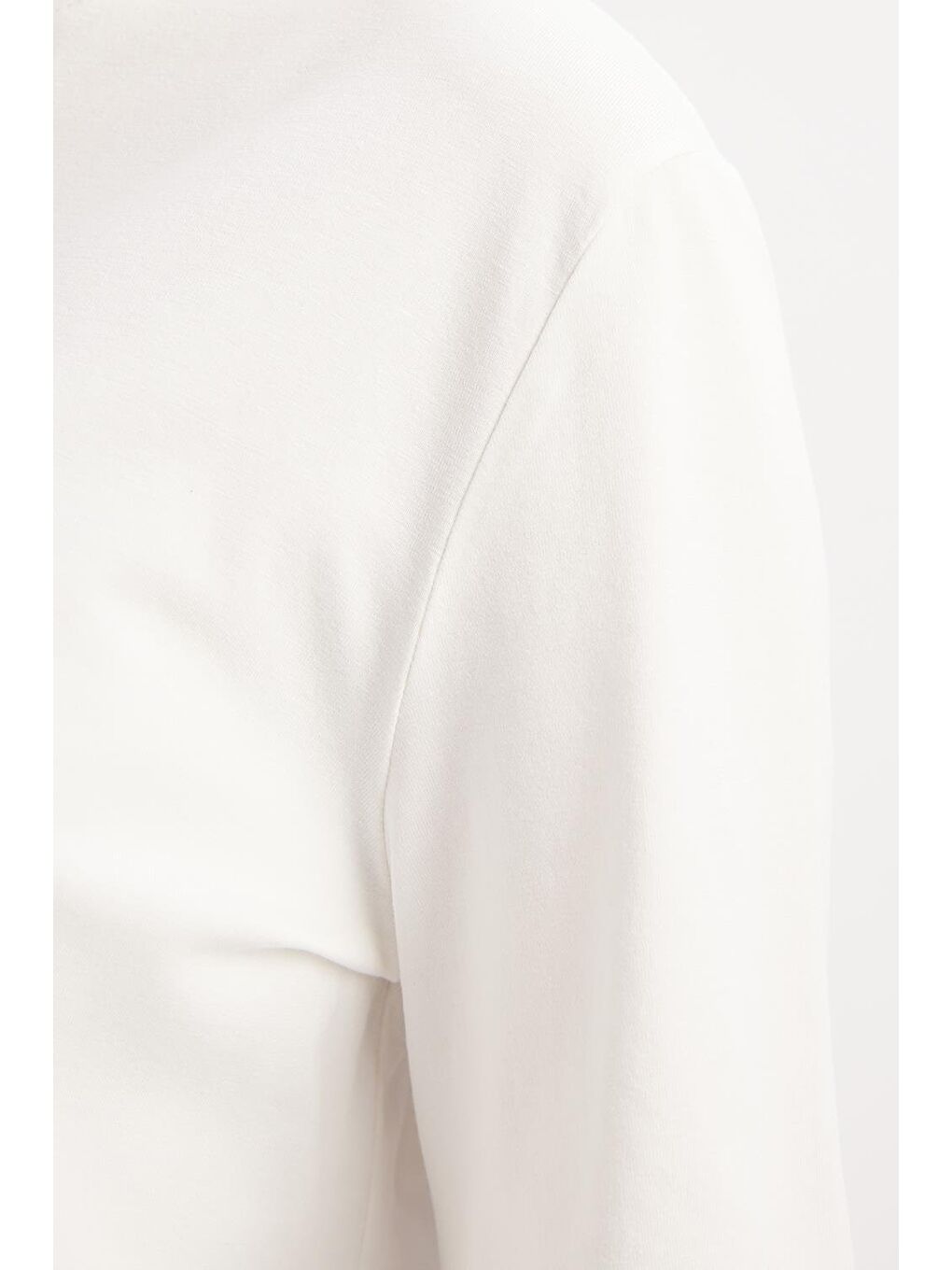 Ekru-Bisiklet Yaka Kol Ucu Büzgülü Elastanlı Pamuklu Bluz-4