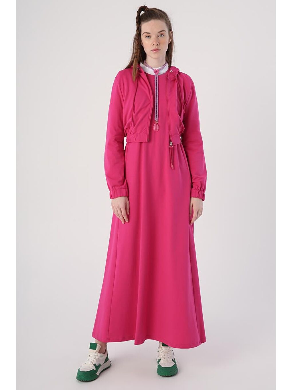 Fuşya-Fermuarlı Kısa Hırkalı Kolsuz Elbiseli Takım-1