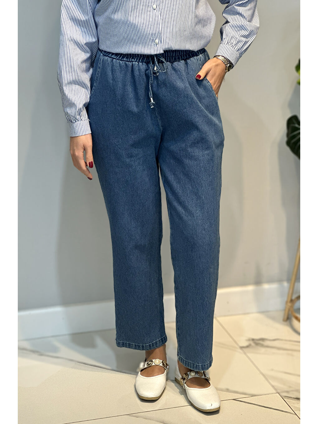 Kadın Beli Lastikli Jean Pantolon 16182 Mavi-3