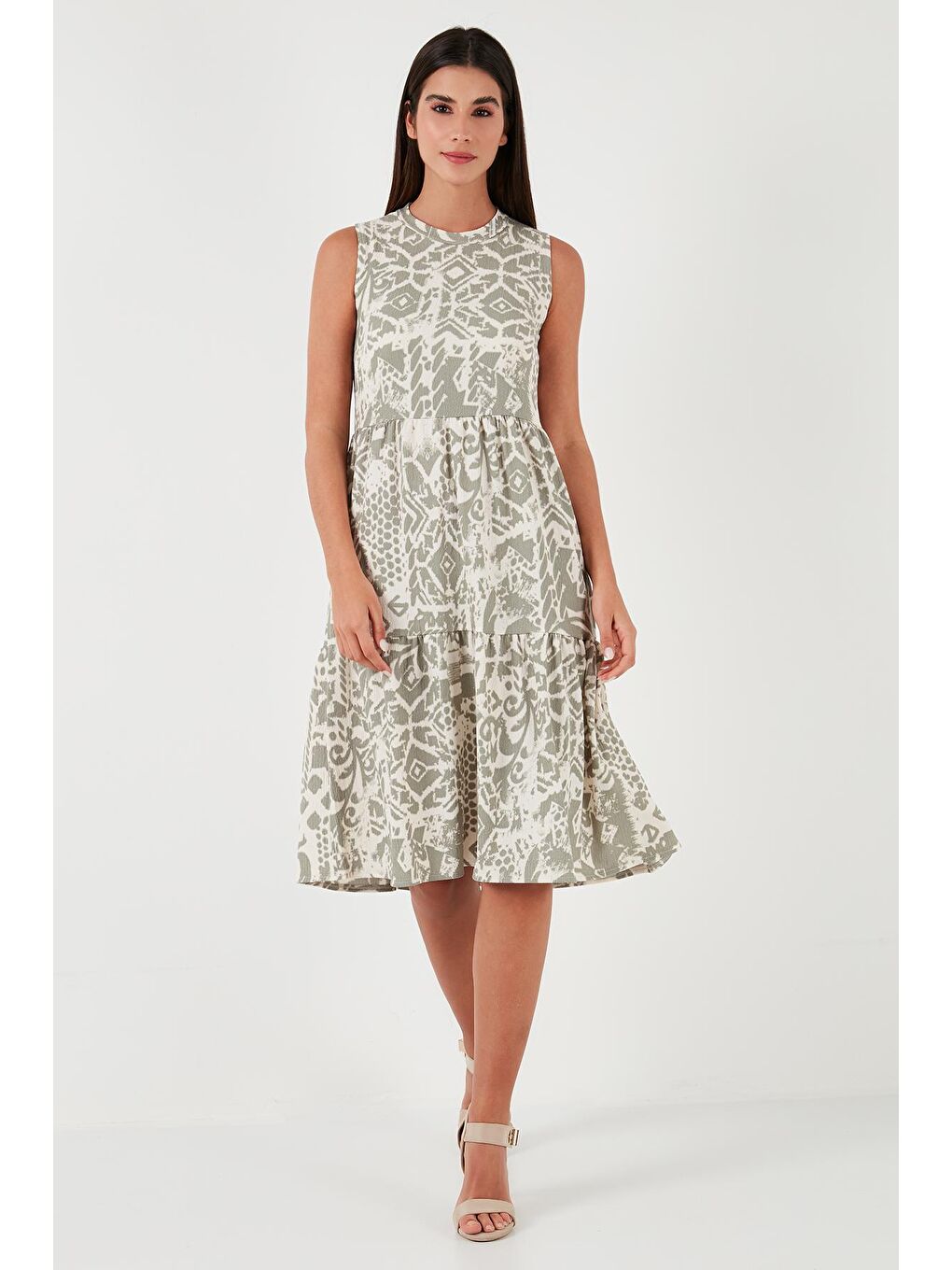 Yeşil Desenli Regular Fit Kolsuz Elbise 5865731-3