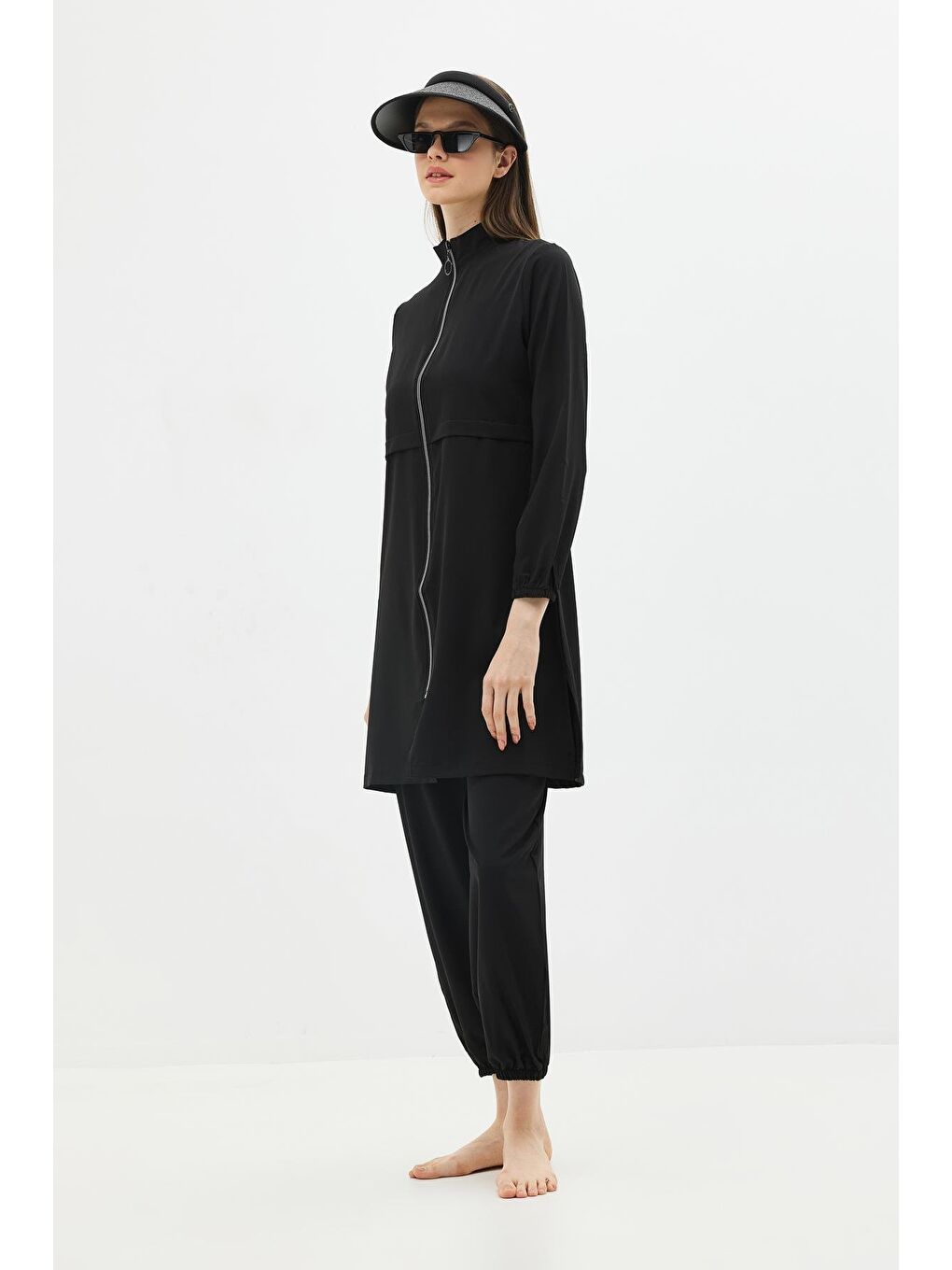 Uzun Tunikli 4'Lü Düz Tesettür Mayo 6056 Siyah-5