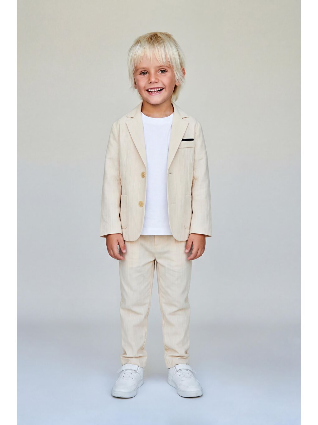 Erkek Çocuk Ekru Çizgili Blazer Ceket Pantolon Ve T Shirt Takım-2