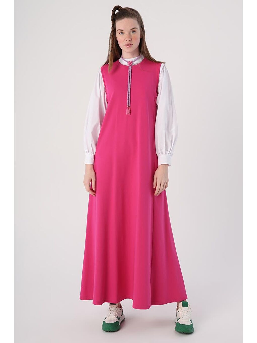 Fuşya-Fermuarlı Kısa Hırkalı Kolsuz Elbiseli Takım-4